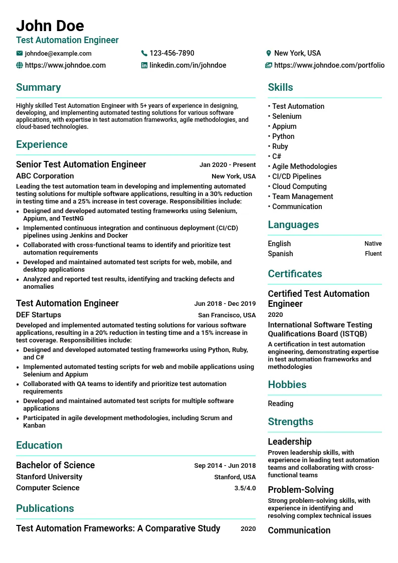 Test Automation Engineer resume example