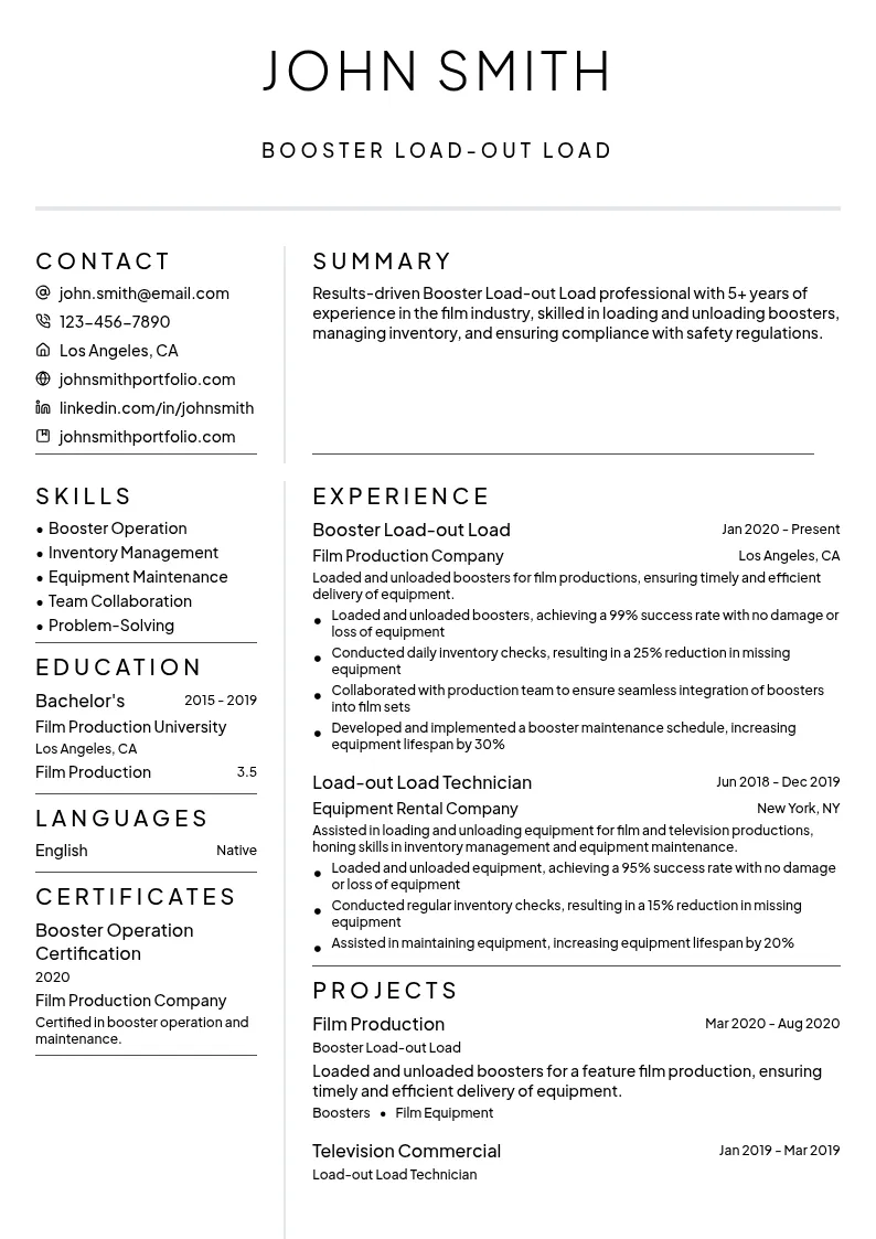 Booster Load-out Load resume example