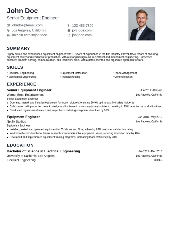 All equipment engineers operate, test and install equipment for motion pictures. They must ensure all equipment is safe and ready for production. resume example