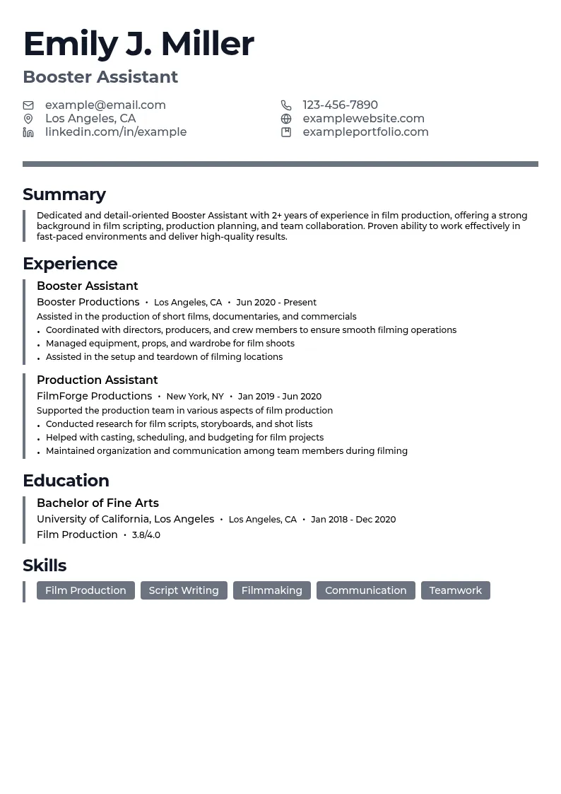 Booster Assistant resume example