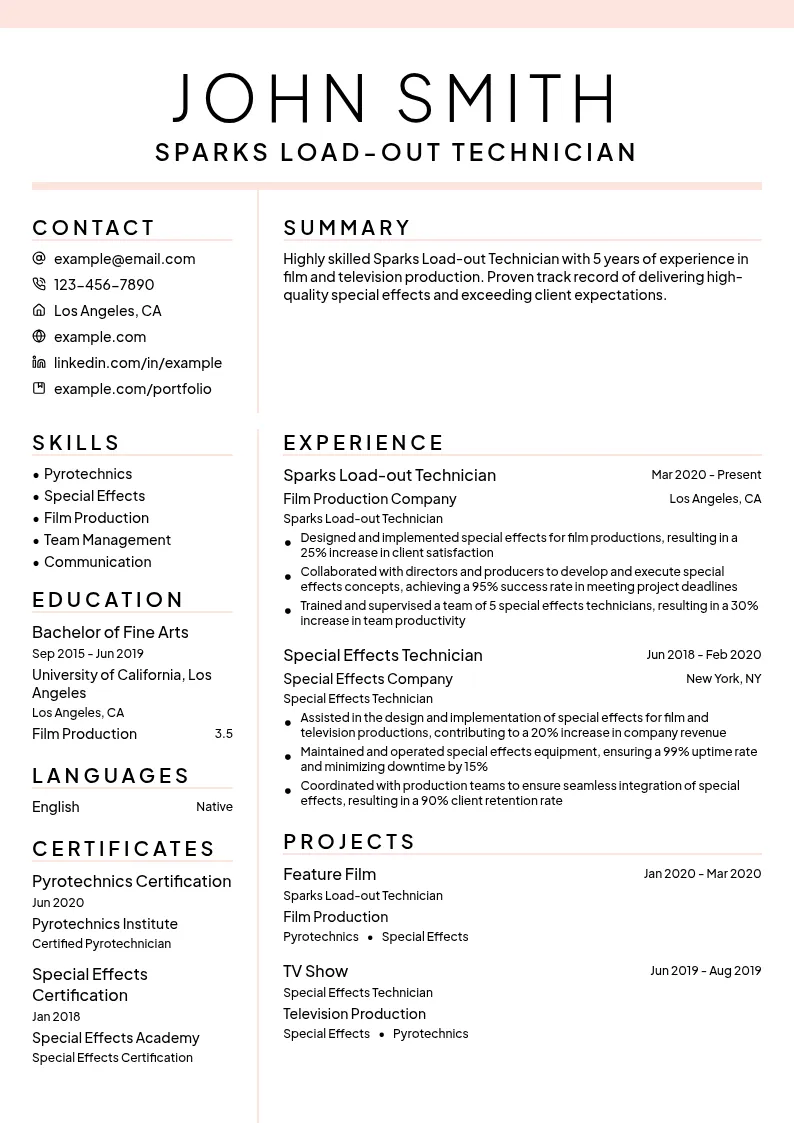 Sparks Load-out resume example