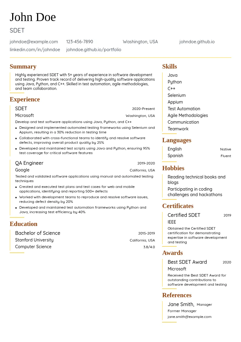 SDET (Software Development Engineer in Test) resume example