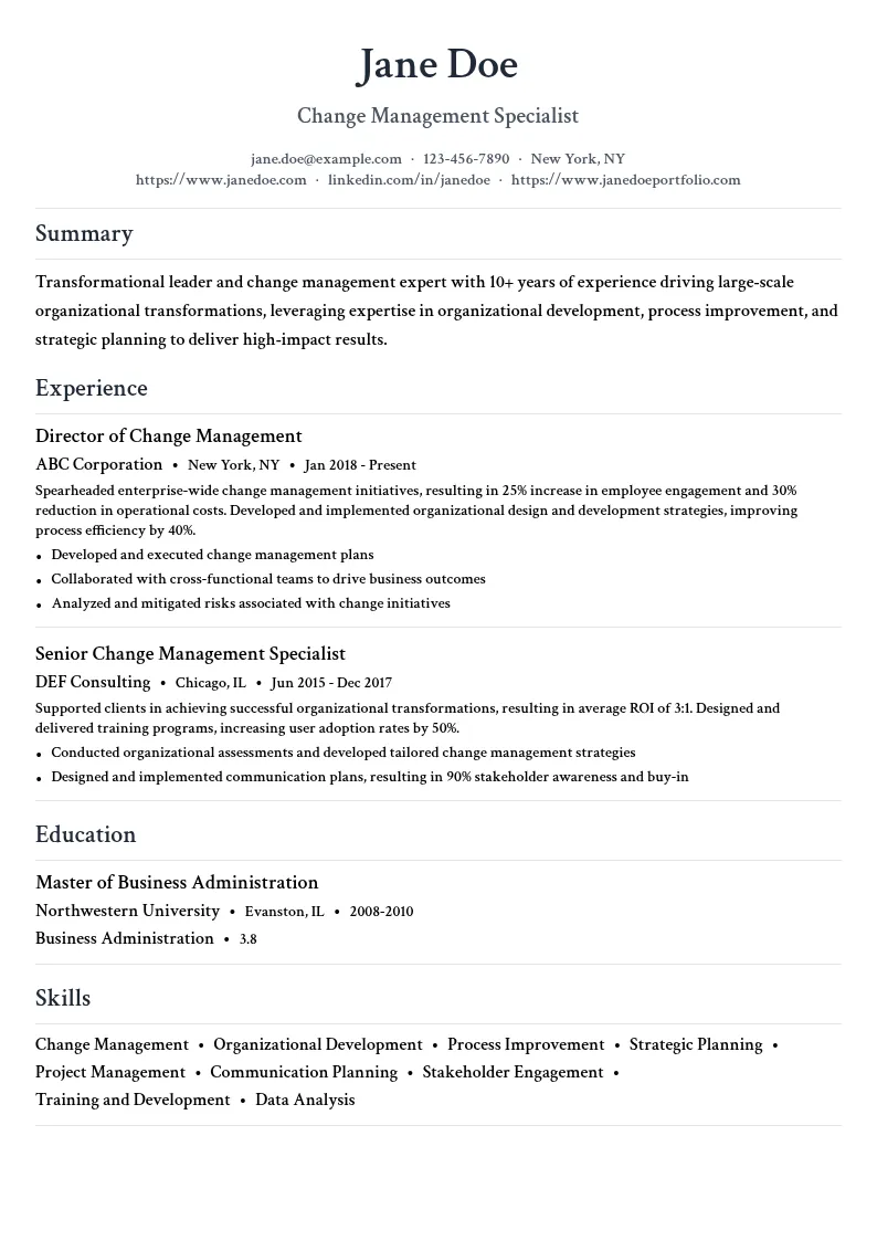 Change Management Specialist resume example