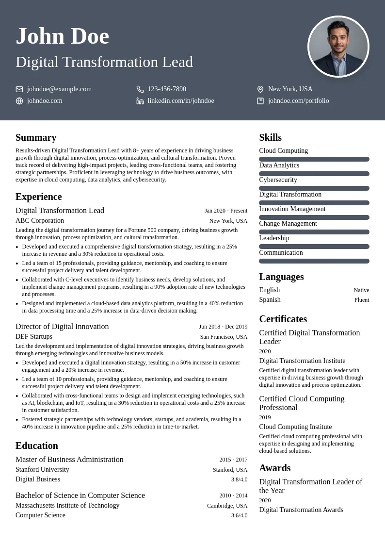 Digital Transformation Lead resume example