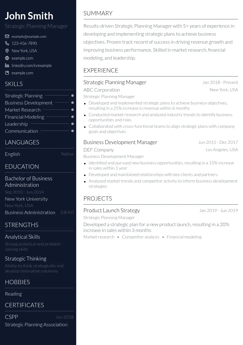 Strategic Planning Manager resume example