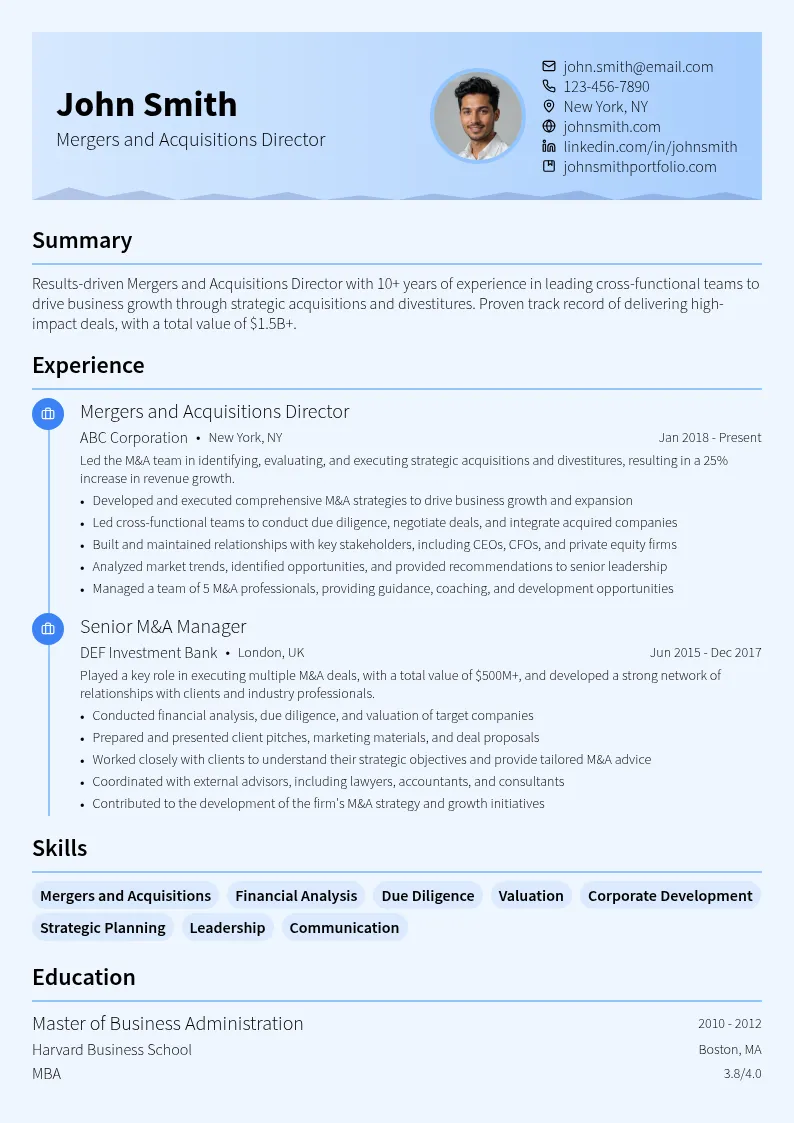 Mergers and Acquisitions Director resume example