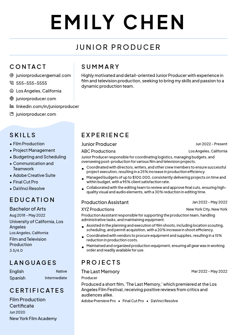 Junior Producer resume example