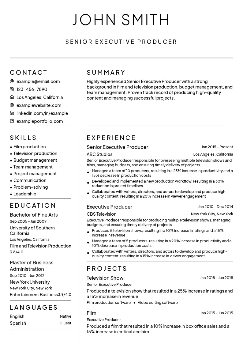 Senior Executive Producer resume example