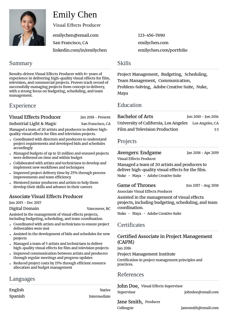 Visual Effects Producer resume example