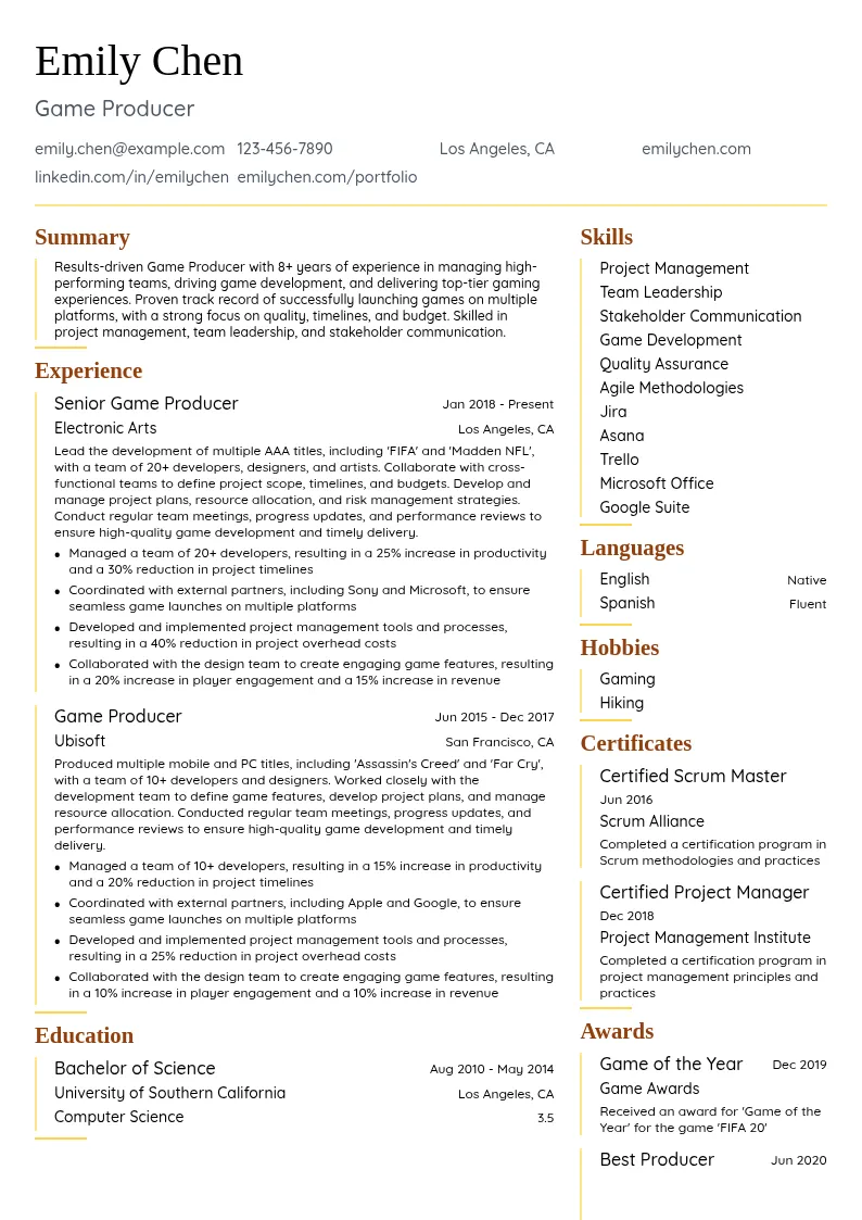 Game Producer resume example