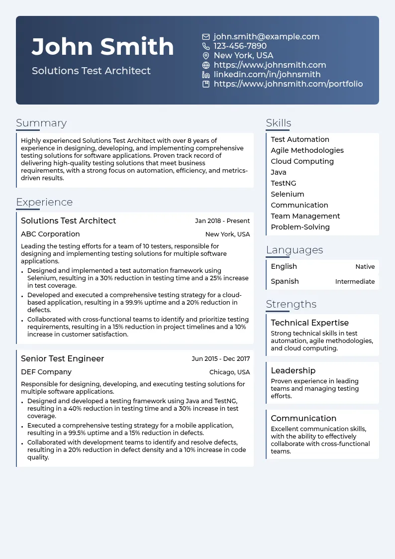Solutions Test Architect resume example