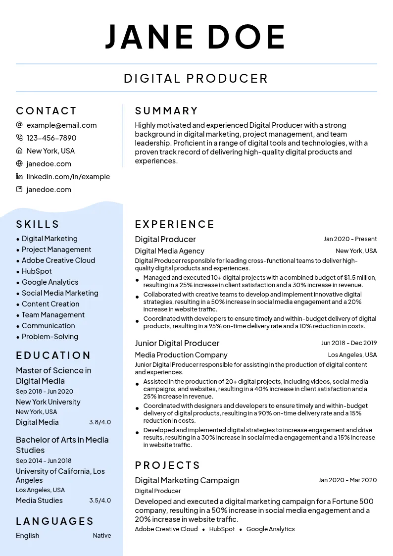 Digital Producer resume example