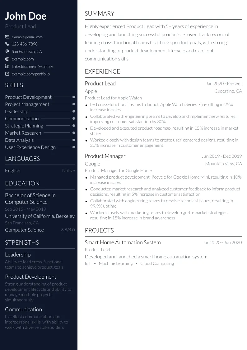 Product Lead resume example