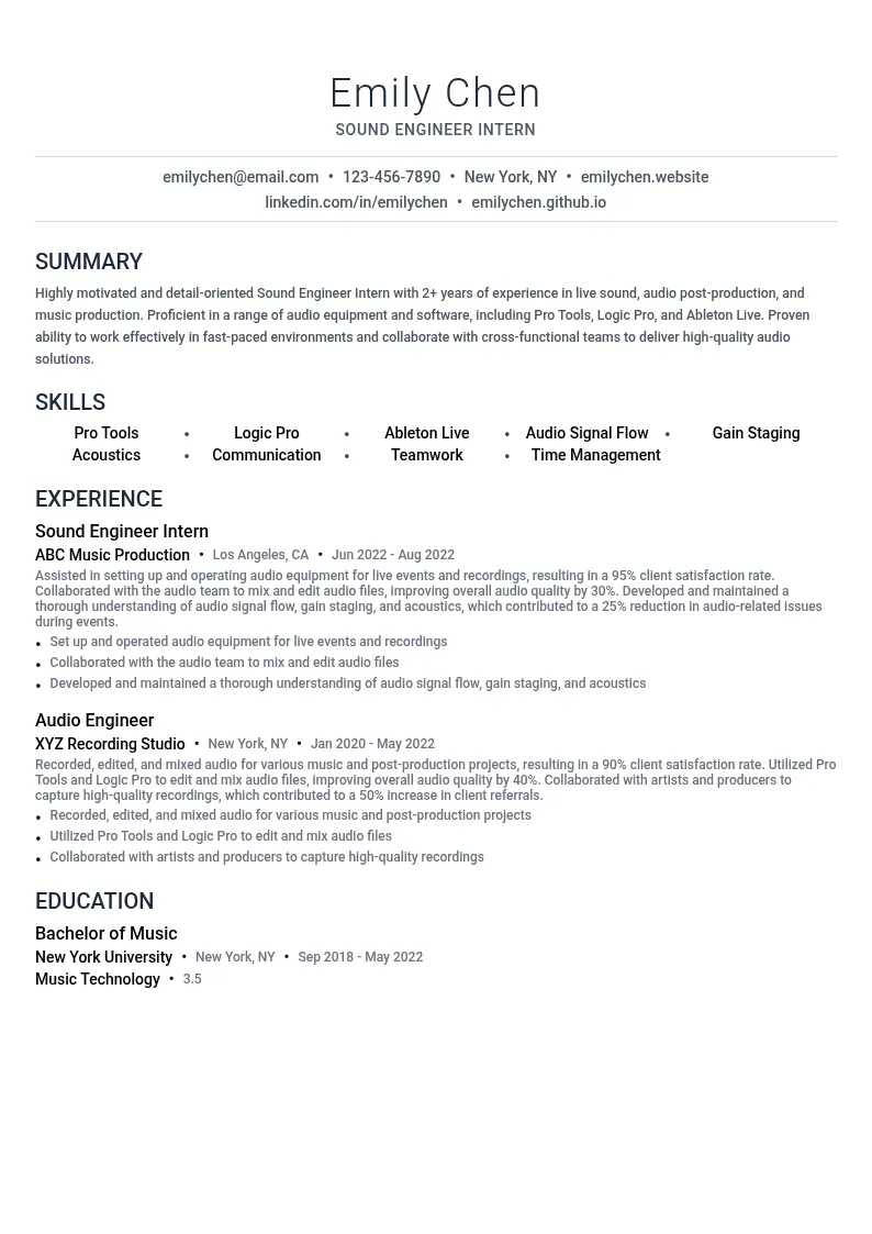 Sound Engineer Intern resume example
