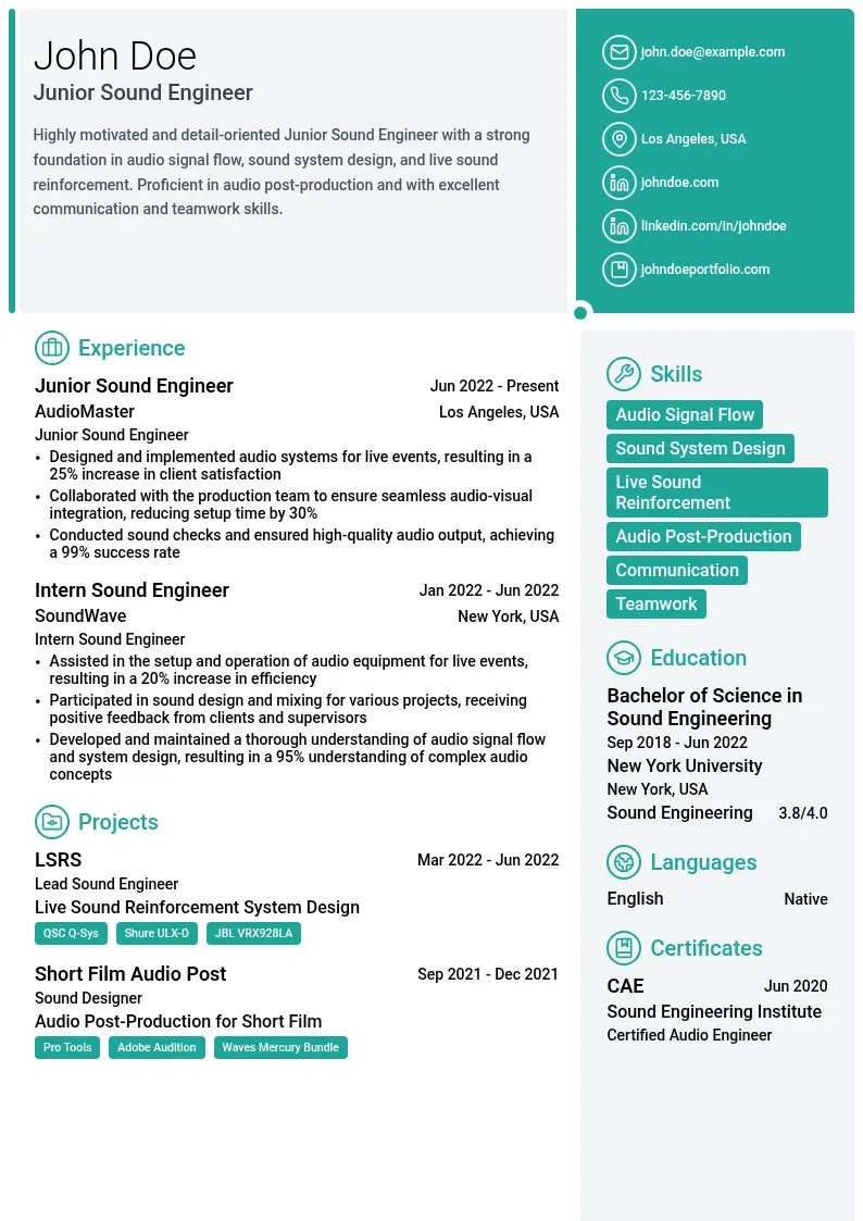 Junior Sound Engineer resume example