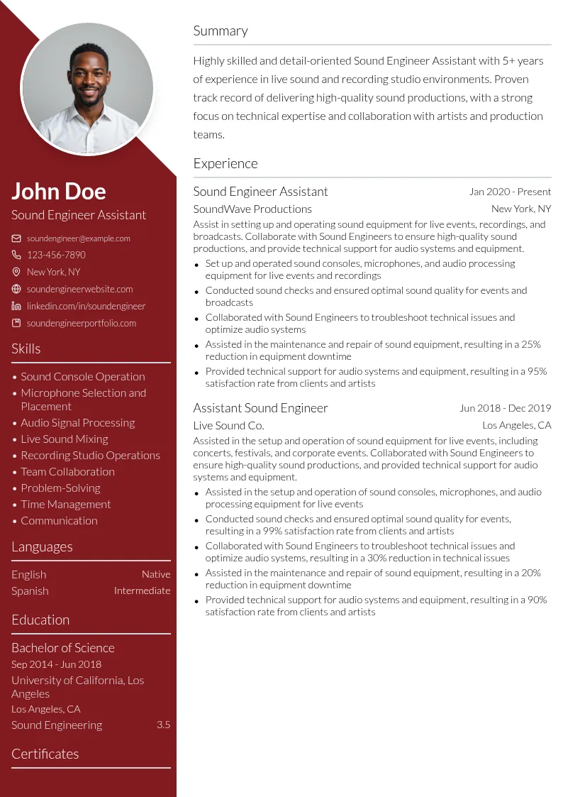 Sound Engineer Assistant resume example