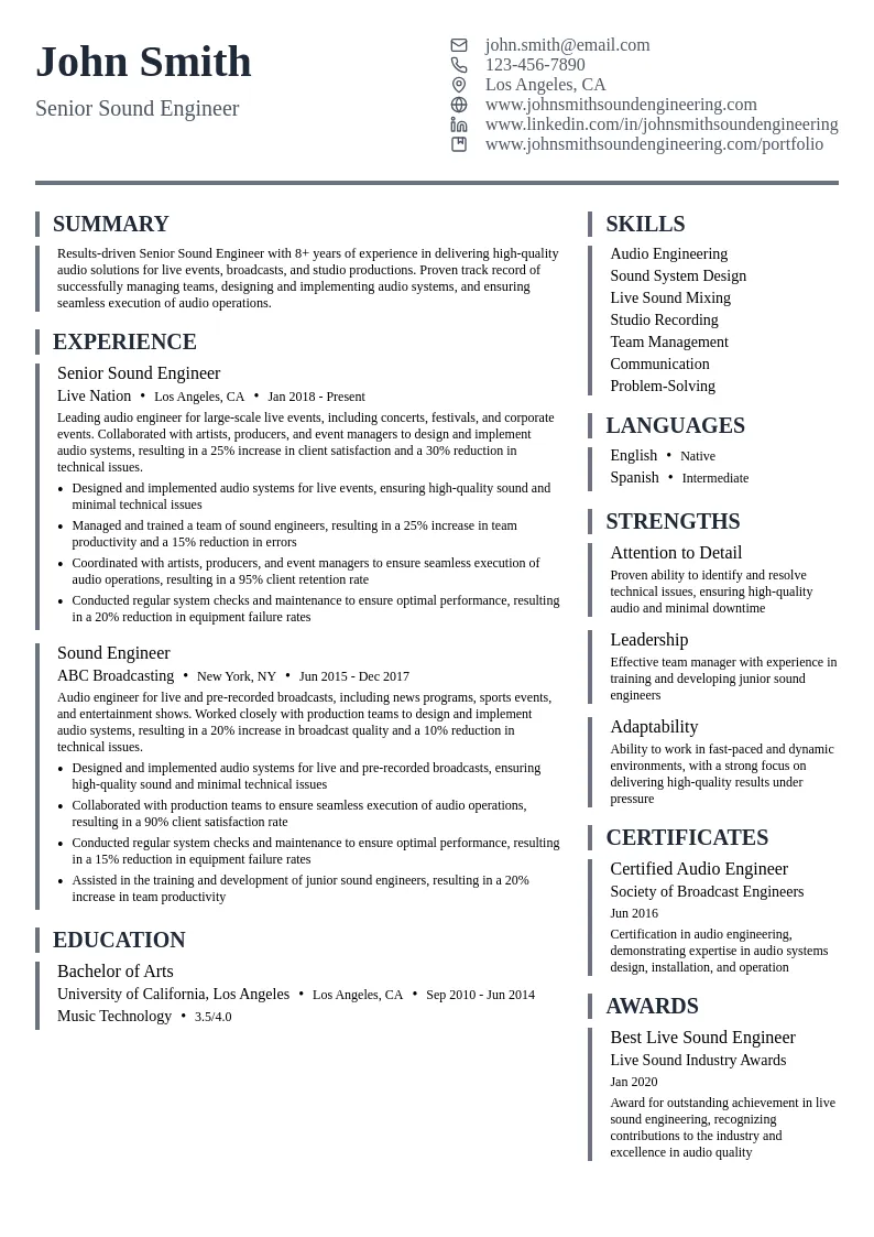 Senior Sound Engineer resume example