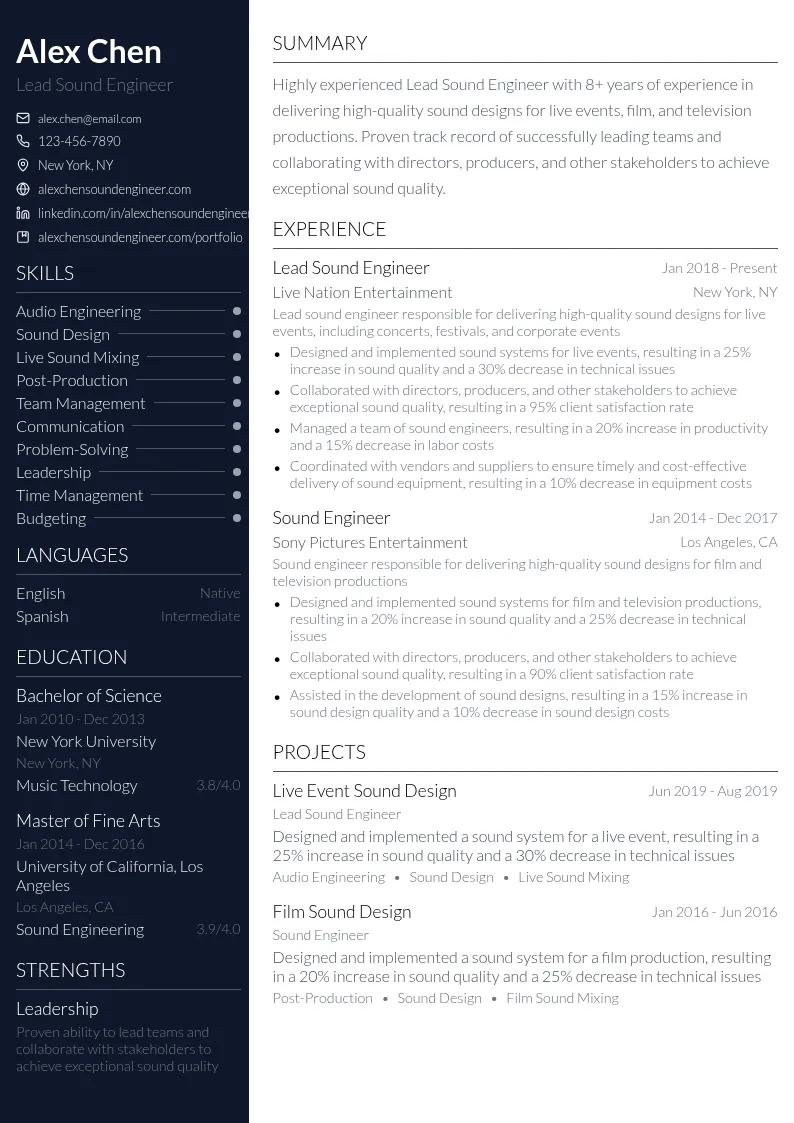 Lead Sound Engineer resume example