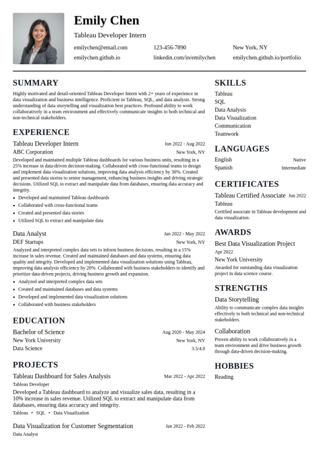 Tableau Developer Intern resume example