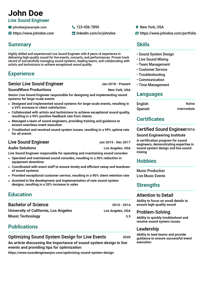 Live Sound Engineer resume example