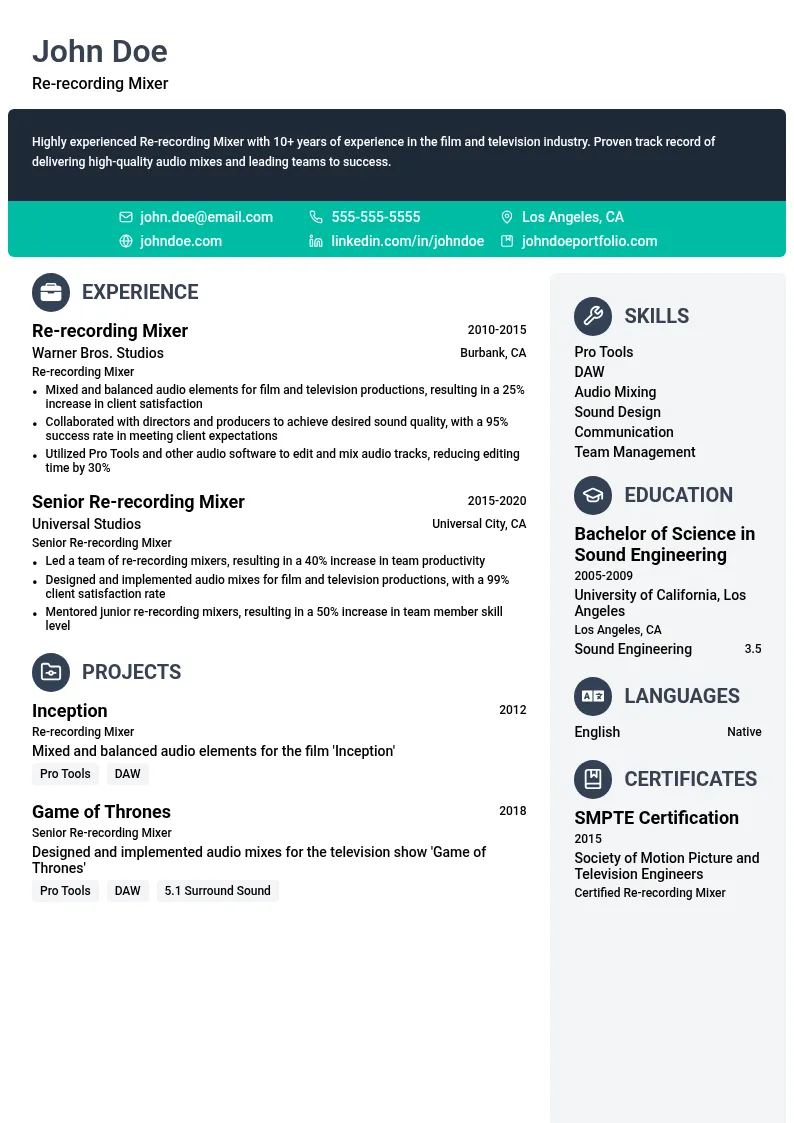 Re-recording Mixer resume example