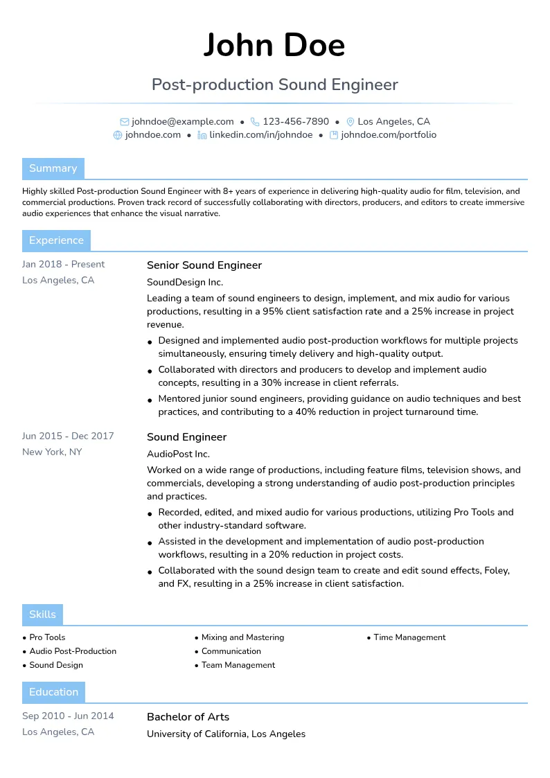 Post-production Sound Engineer resume example