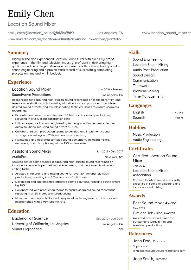Location Sound Mixer resume example