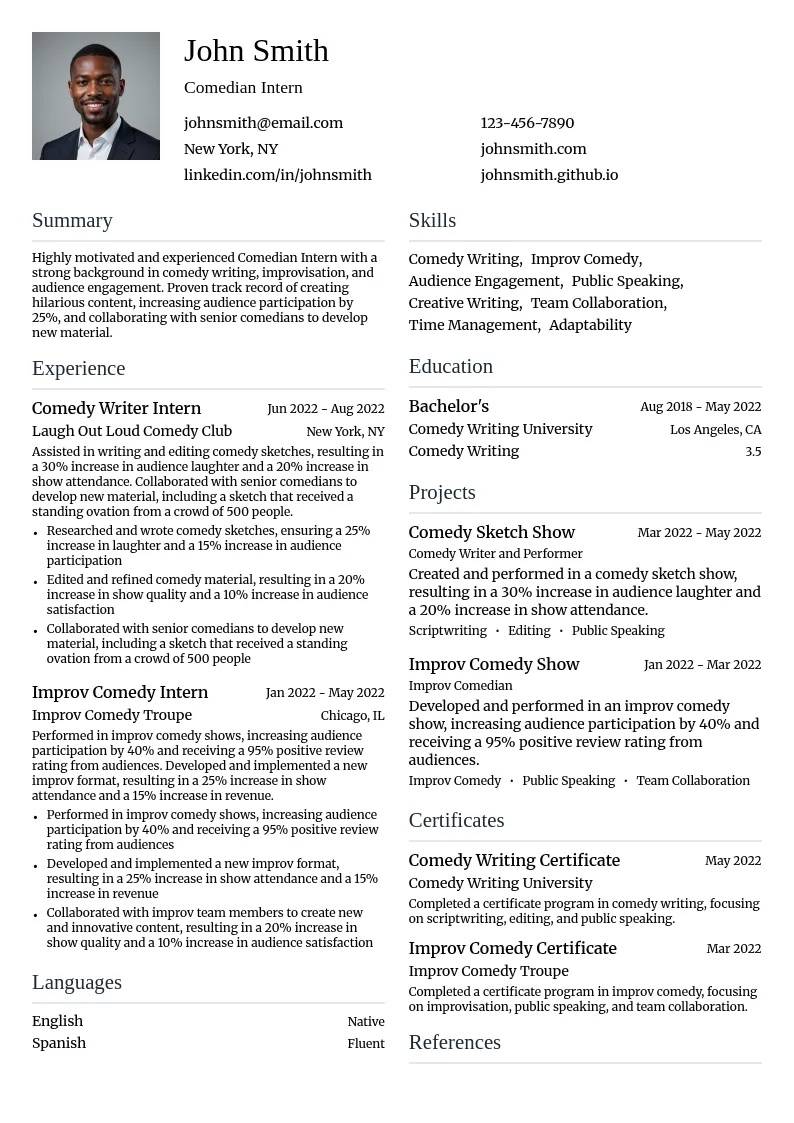 Comedian Intern resume example