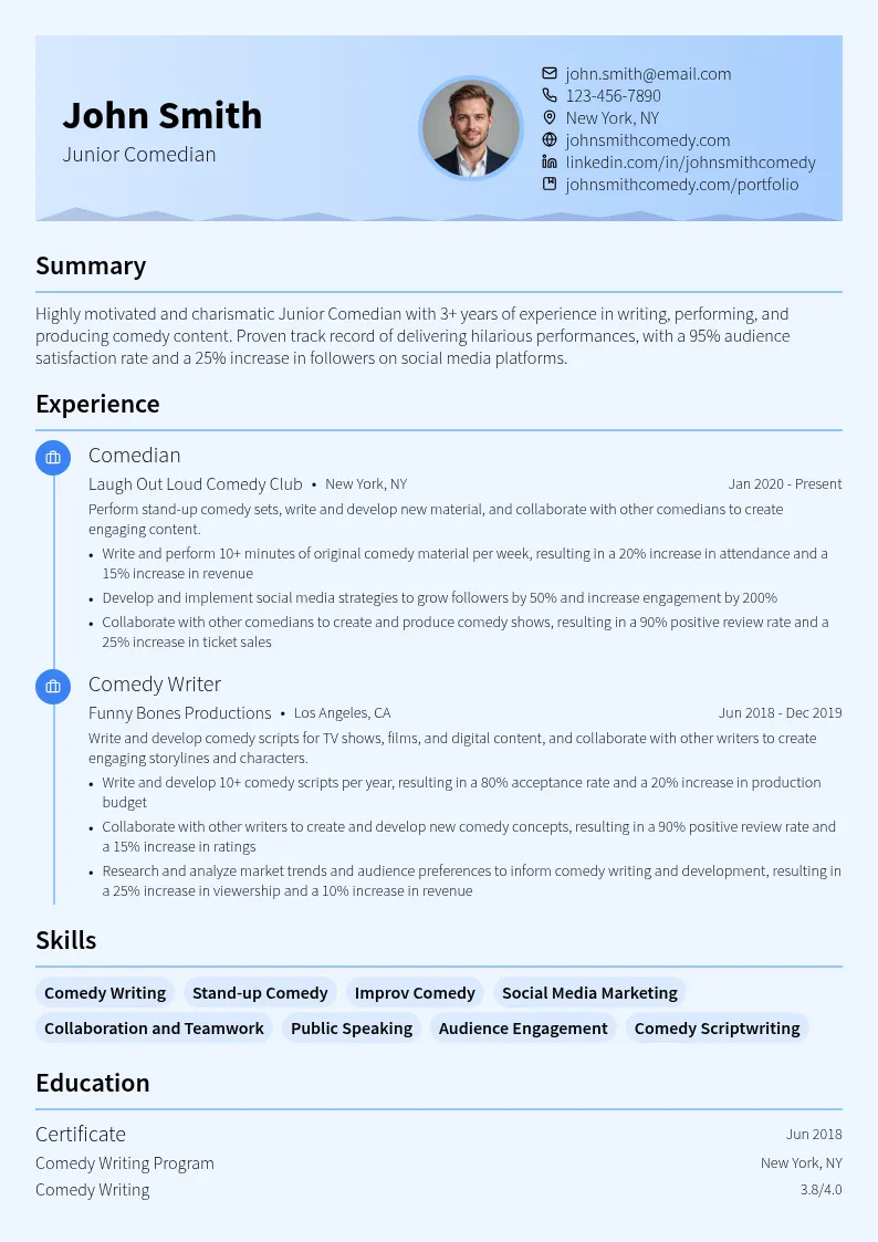 Junior Comedian resume example