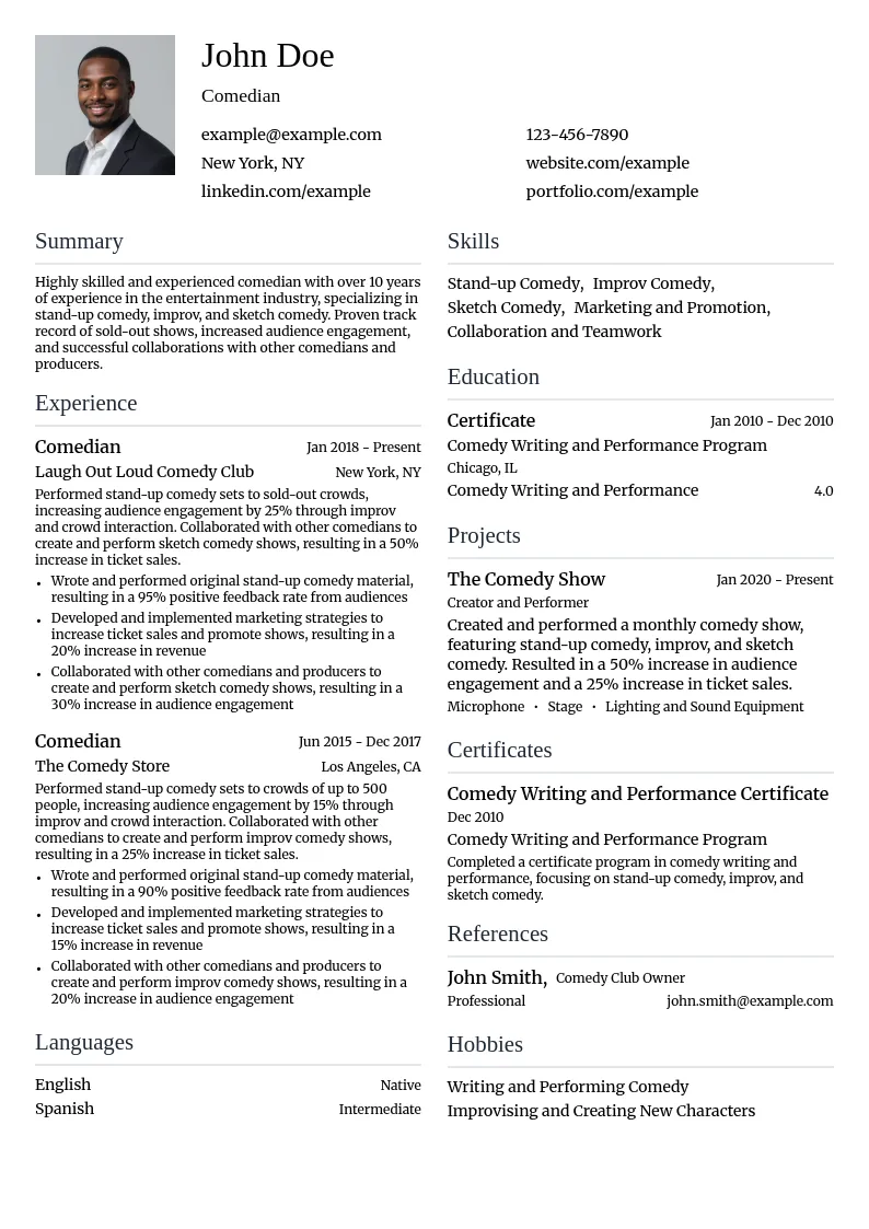 Comedian resume example