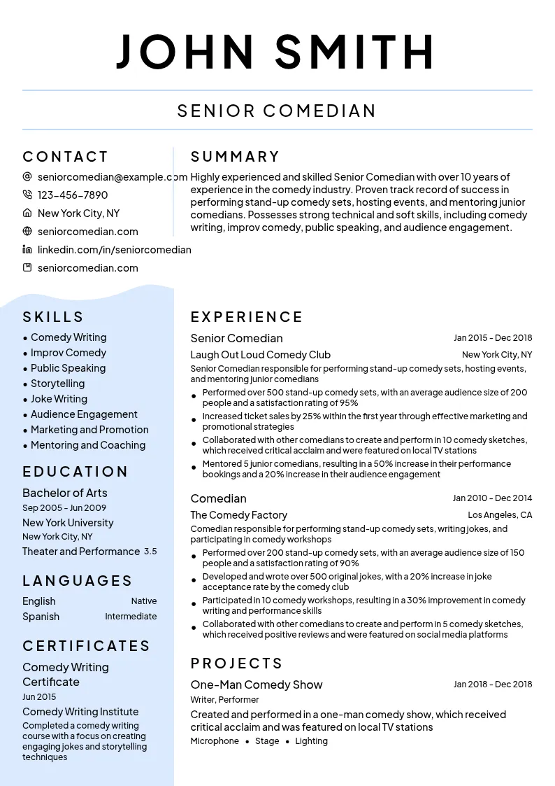 Senior Comedian resume example
