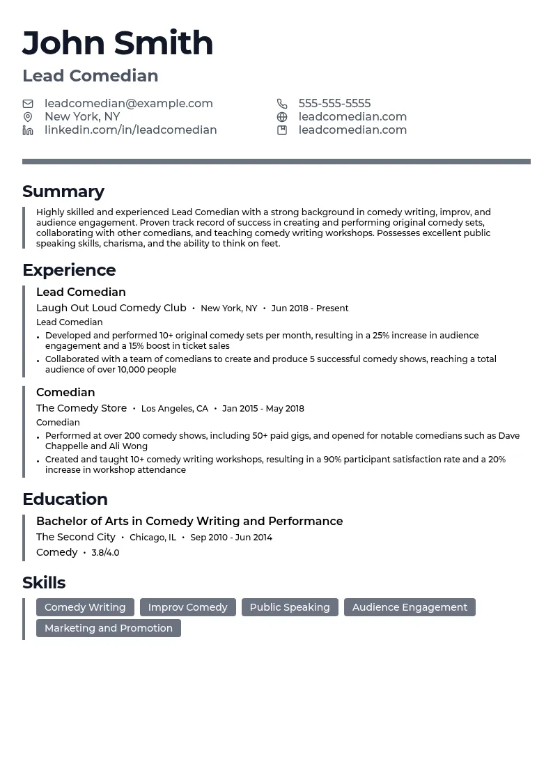 Lead Comedian resume example