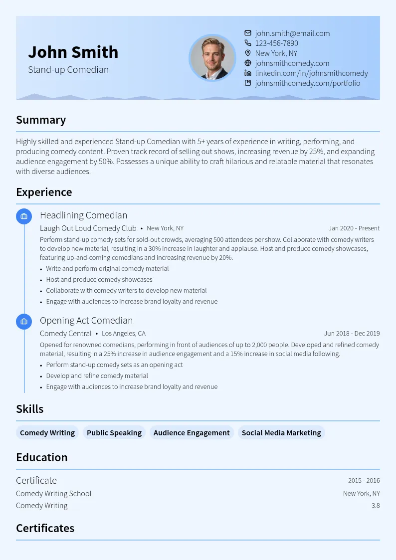 Stand-up Comedian resume example