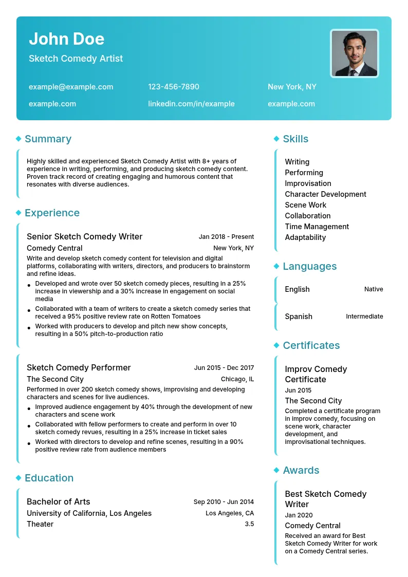 Sketch Comedy Artist resume example