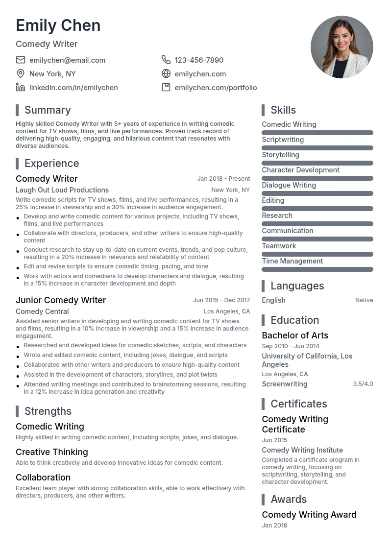 Comedy Writer resume example
