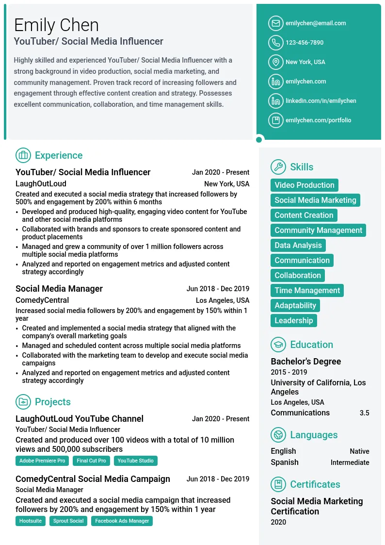 YouTuber/ Social Media Influencer resume example