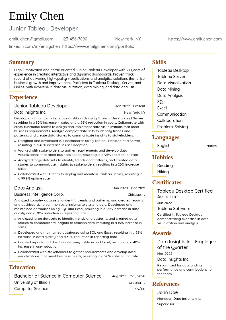 Junior Tableau Developer resume example