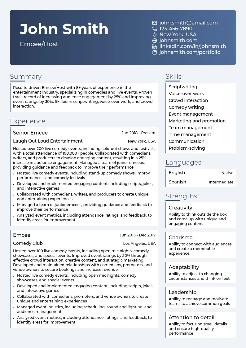 Emcee/Host resume example