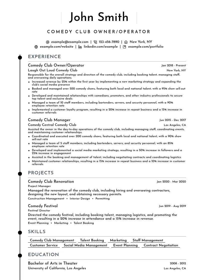 Comedy Club Owner/Operator resume example