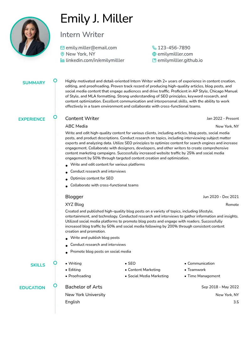 Intern Writer resume example