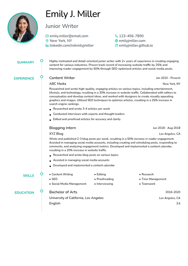 Junior Writer resume example