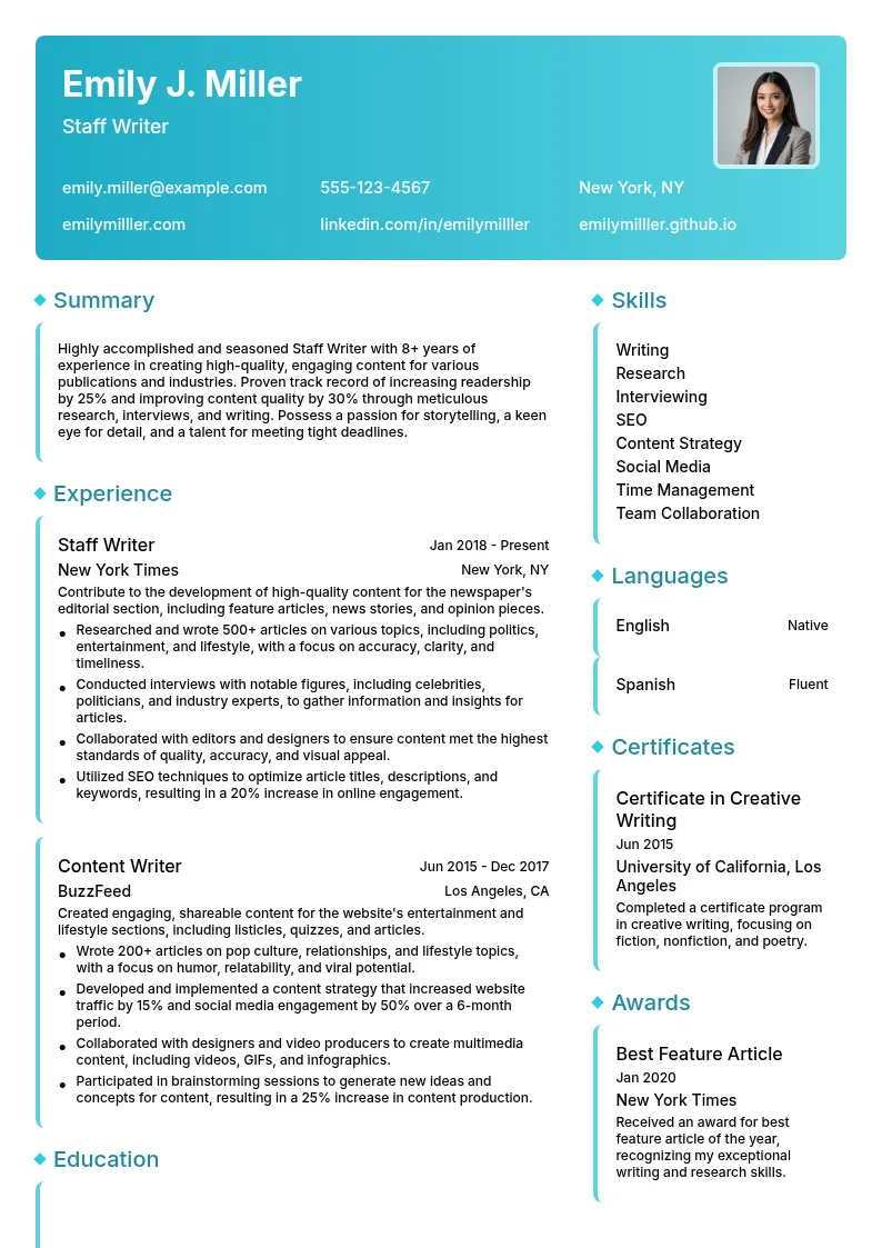 Staff Writer resume example