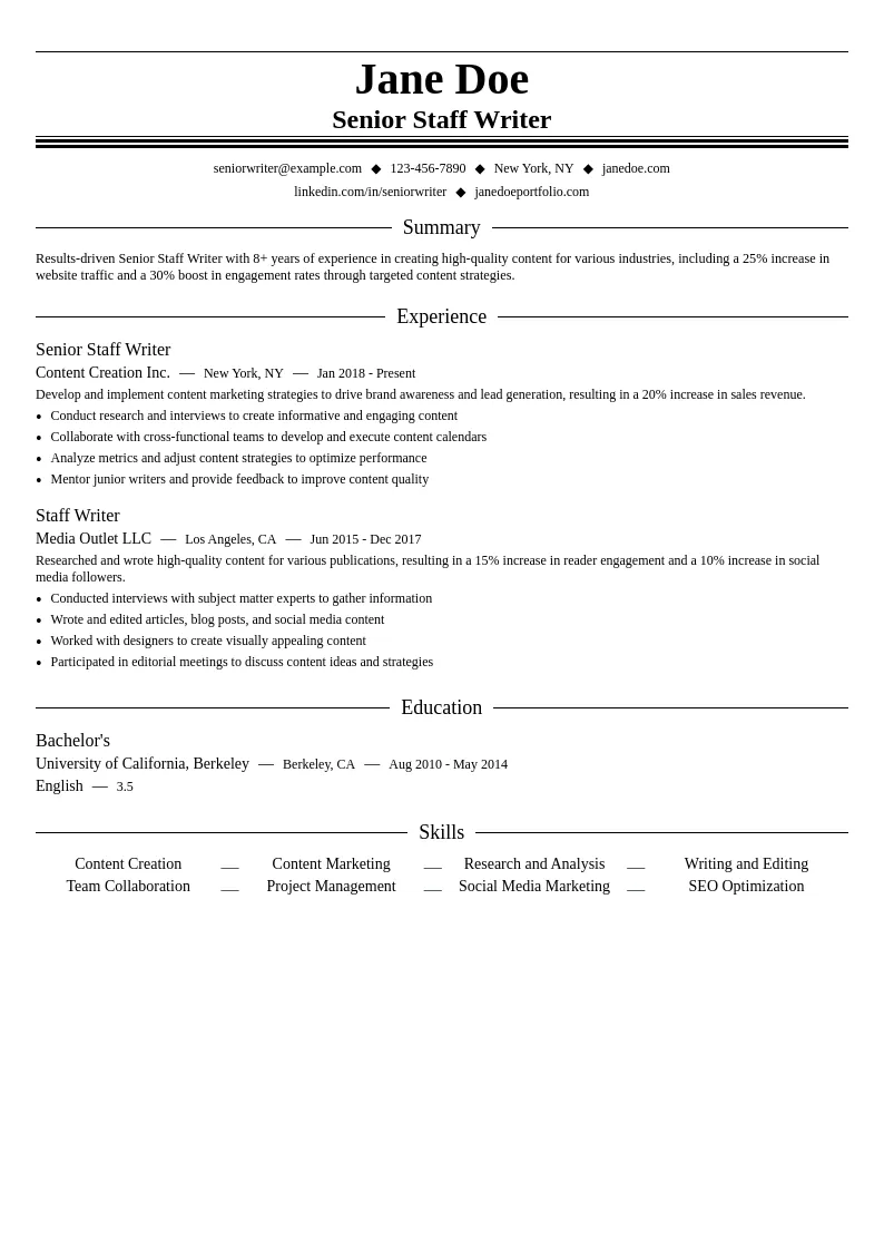 Senior Staff Writer resume example