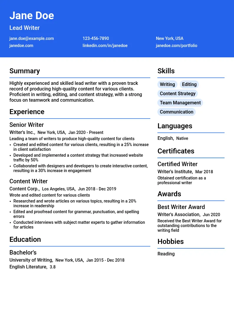 Lead Writer resume example