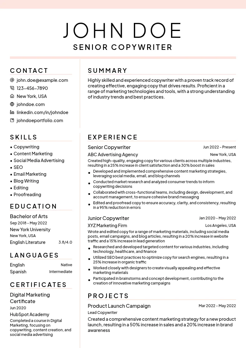 Copywriter resume example