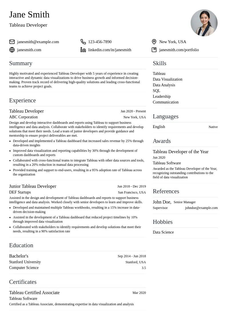 Mid-level Tableau Developer resume example