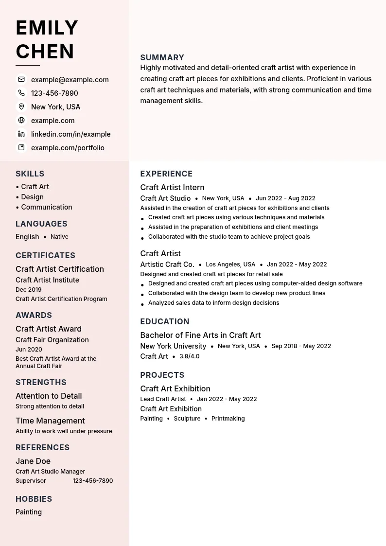 Craft Artist Intern resume example