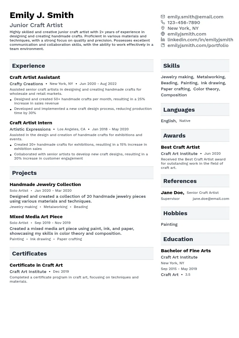 Junior Craft Artist resume example