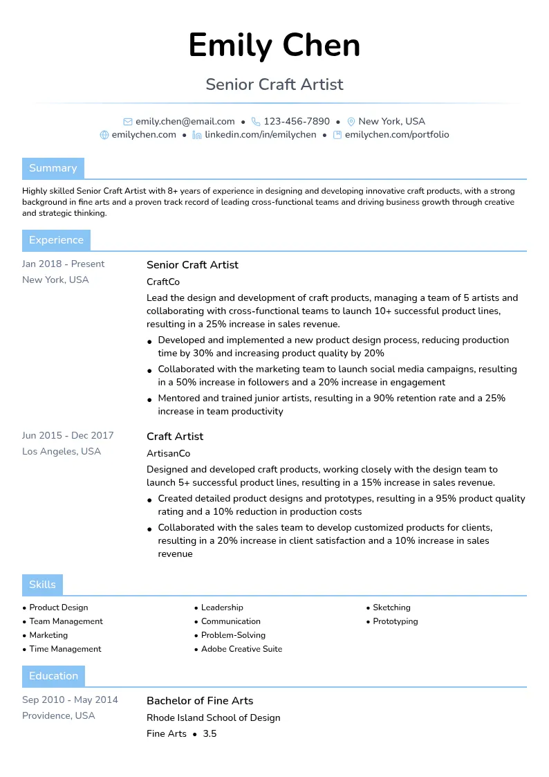 Senior Craft Artist resume example