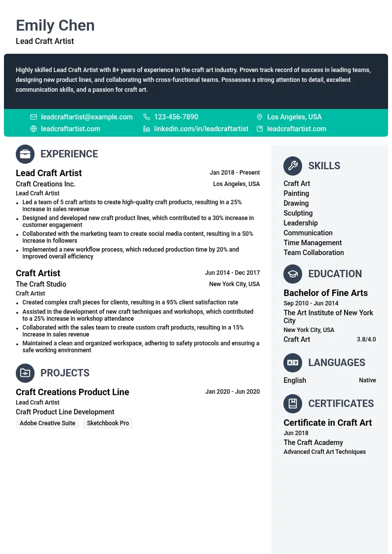Lead Craft Artist resume example